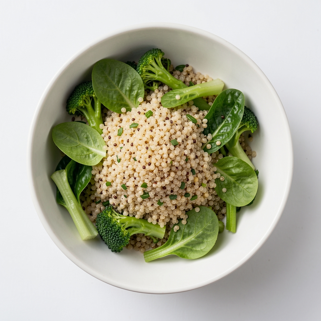 Schüssel mit Quinoa und frischem Blattgemüse, Draufsicht auf hellem Hintergrund